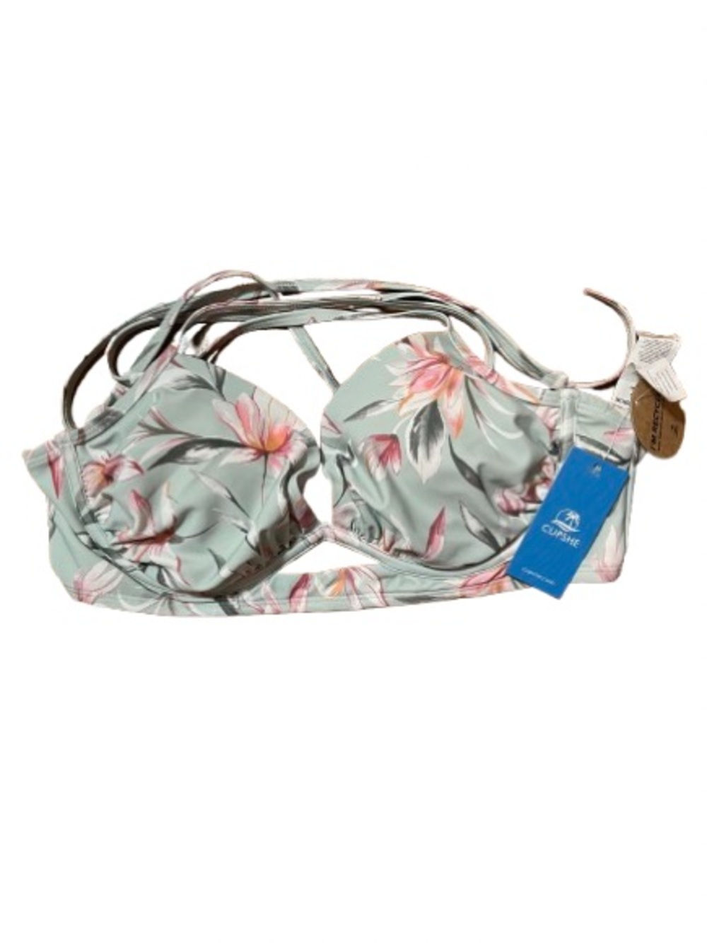 NWT Cupshe Mint Floral Bikini Top with Pink Blooms Size Large